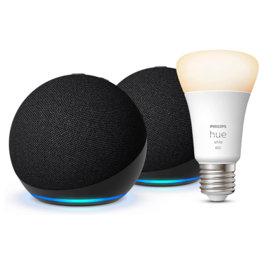 Echo Dot (5th generation) | Charcoal, 2-pack + Philips Hue Smart Bulb (E27), Works with Alexa - Smart Home Starter Kit