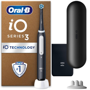 Oral-B iO 3 Matt Black Ultimate Clean Electric Toothbrush, 1 Refill Holder, 1 Charger Pouch, 1 Travel Case, Designed by Braun