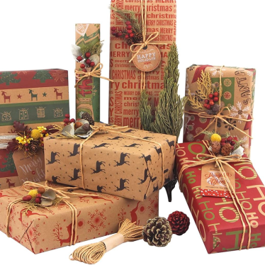 Christmas Wrapping Paper, Made from Recycled Kraft Paper, 12 Folded Sheets 70x50cm with 6 Vintage Designs (Bonus 10m Jute String and 10 Tags)