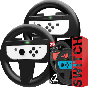 Orzly Steering Wheels for Nintendo Switch & OLED Joy-Cons, Racing Wheels for Mario Kart 8 Deluxe [Mariokart Switch Steering Wheel Joycon Controller Attachment Accessories]-TWIN PACK [2X Black Wheels]
