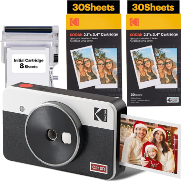 KODAK Mini Shot 2 Retro Christmas Gifts 4Pass 2-in-1 Instant Camera and Photo Printer (5.3 x 8.6 cm) + Initial 8 Sheets + 60 Sheets Bundle, White